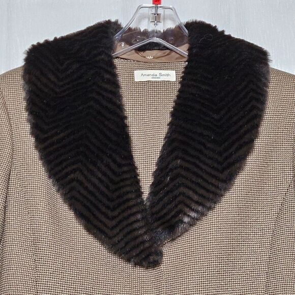 Amanda Smith Faux Fur Collar Brown Tweed Houndstooth Button Front Blazer Jacket - Picture 1 of 12